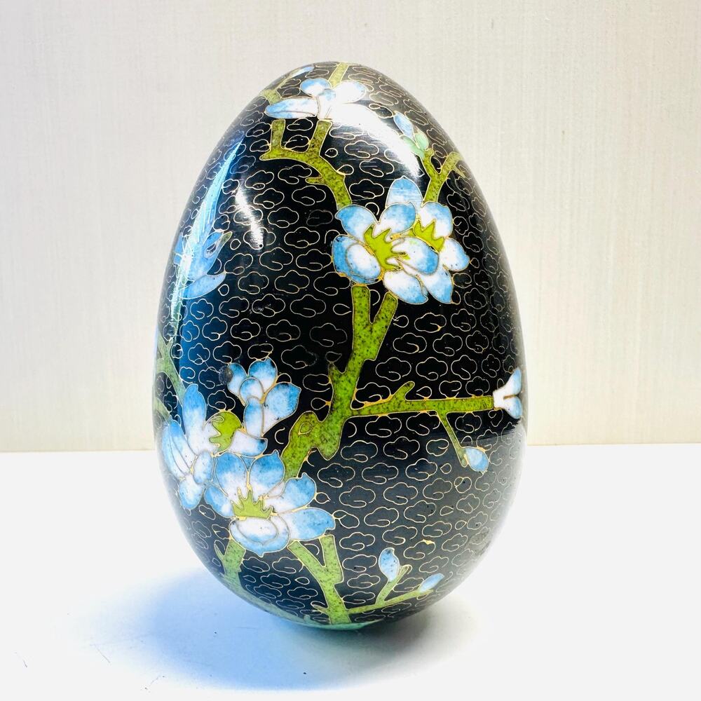 Vintage Asian Cloisonee Enamel Egg Blue Flowers